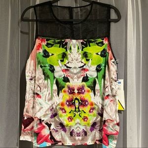 PRABAL GURUNG - Top with printed design and mesh shoulder detail. New w/ Tag.